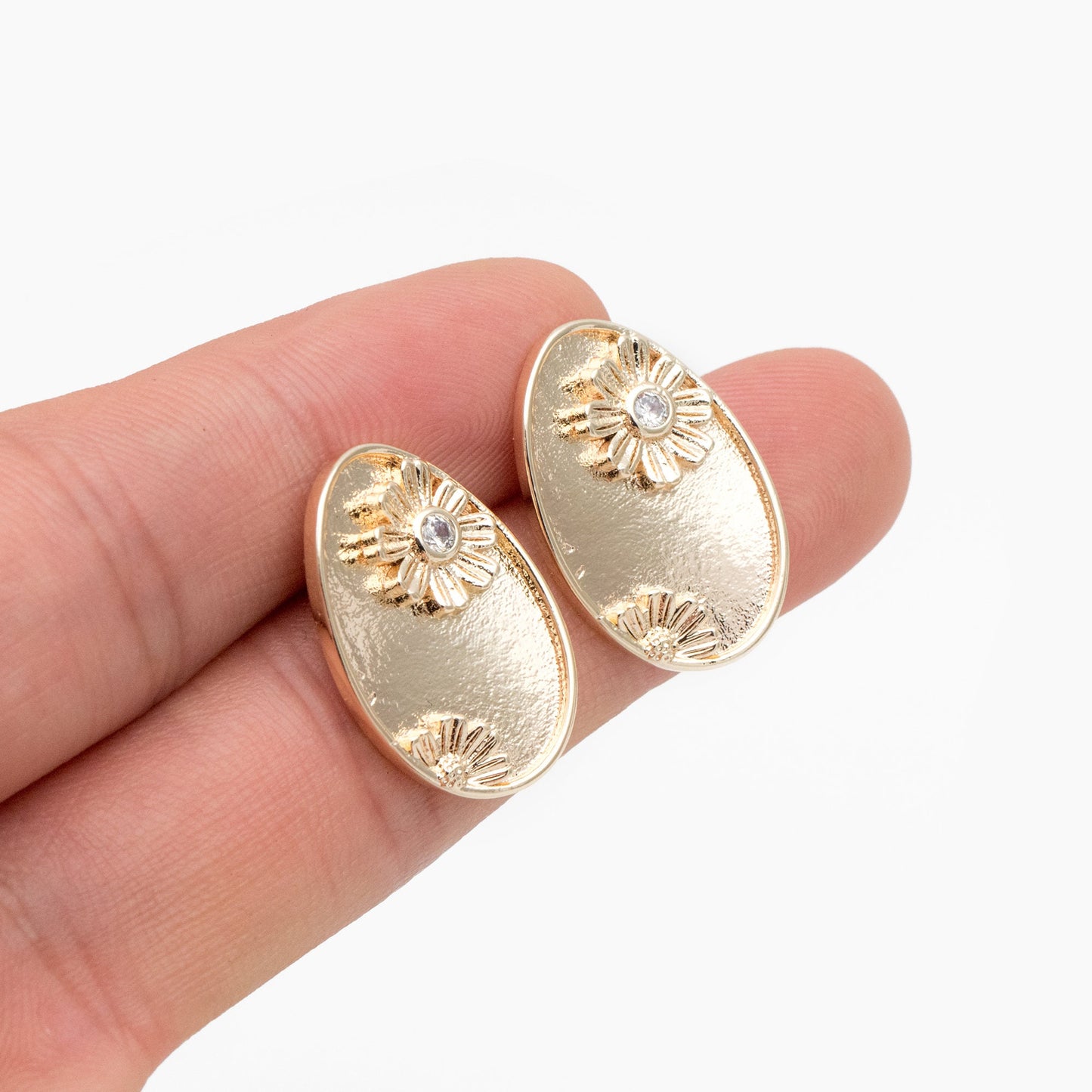 10pcs CZ Pave Gold Flower Oval Earrings, Gold Plated Brass, Dainty Geometric Stud Earrings (#GB-4318)
