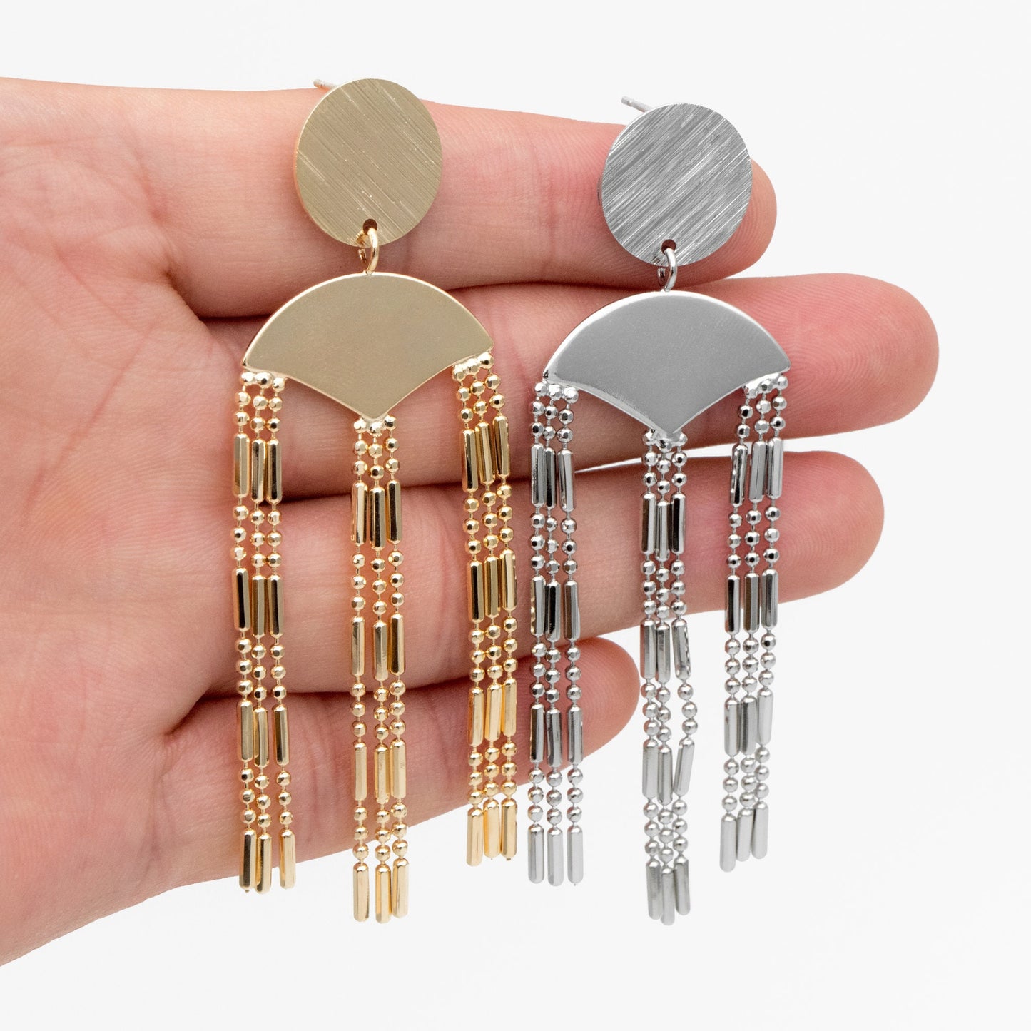 4pcs Gold/ Silver Round Disc Tassel Earrings, 18K Gold/ Rhodium plated Brass, Tassel Stud Earring, Dangling Earrings (GB-4319)