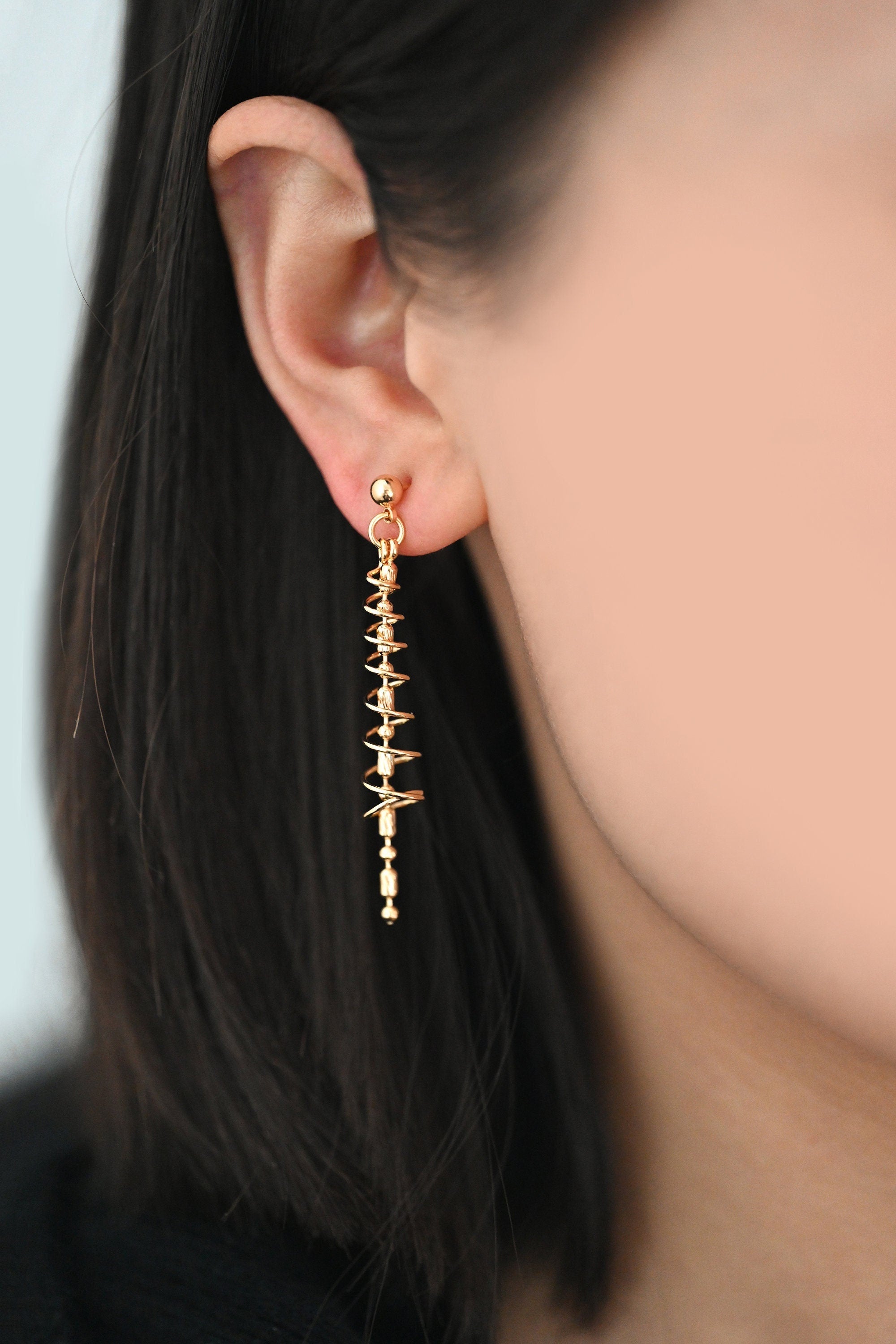 4pcs Gold/ Silver Spiral Chain Tassel Earrings, Tassel Stud Earring, Dangling Earrings, Minimalist Earrings (GB-4306)