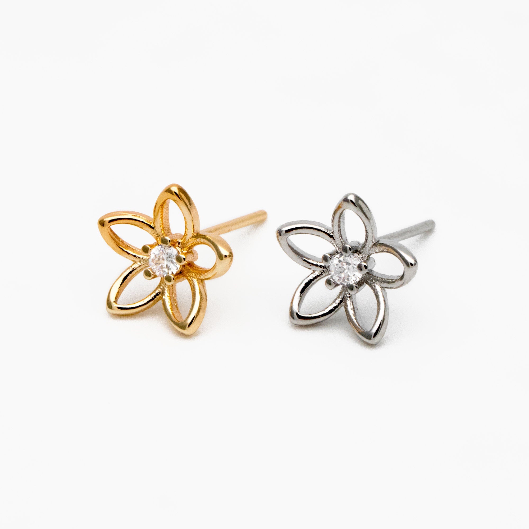 10pcs CZ Pave Gold/ Silver Hollow Flower Earrings 10mm, Gold/ Rhodium Plated Brass Stud Earrings, Dainty Flower Earrings (GB-4327)