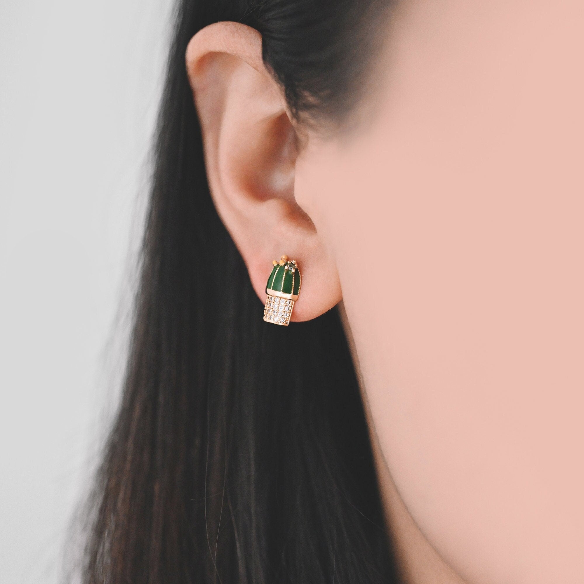 4pcs CZ Pave Enamel Cactus Stud Earrings, 18K Gold plated Brass, Cactus Ear Posts (#GB-1503)