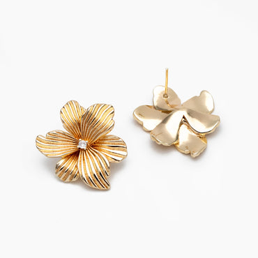 4pcs CZ Pave Gold Flower Stud Earrings, Gold Plated Brass, Dainty Flower Earrings (GB-4348)