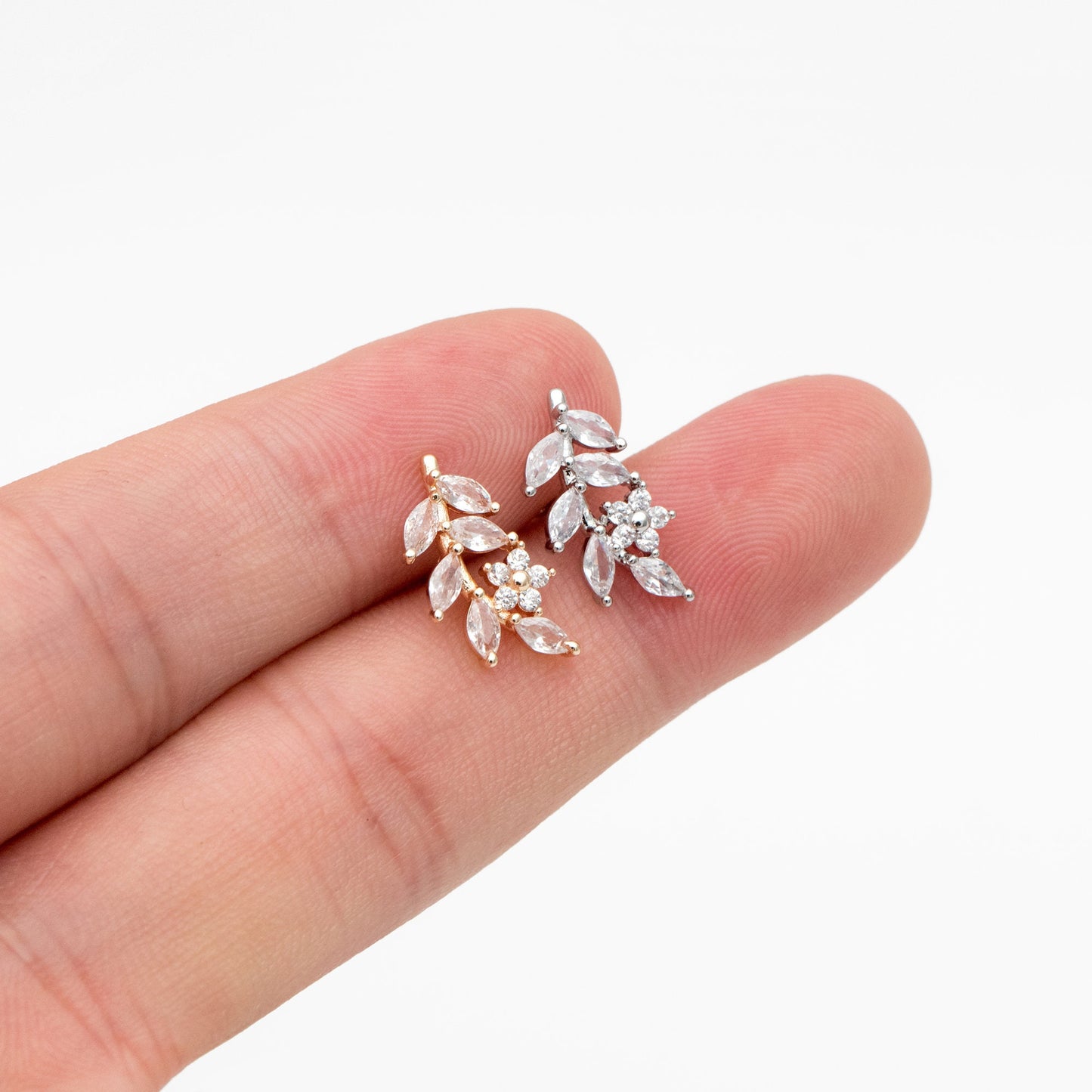 4pcs CZ Pave Gold/ Silver Leaf Earrings, 18K Real Gold/ Rhodium Plated Brass, Dainty Flower Stud Earrings (GB-4354)