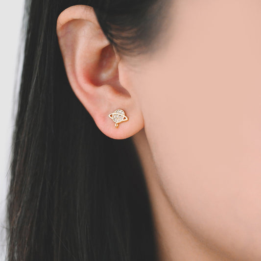 10pcs CZ Pave Saturn Ear Posts 9x7.5mm, Real Gold Plated Brass Stud Earrings (#GB-1703)