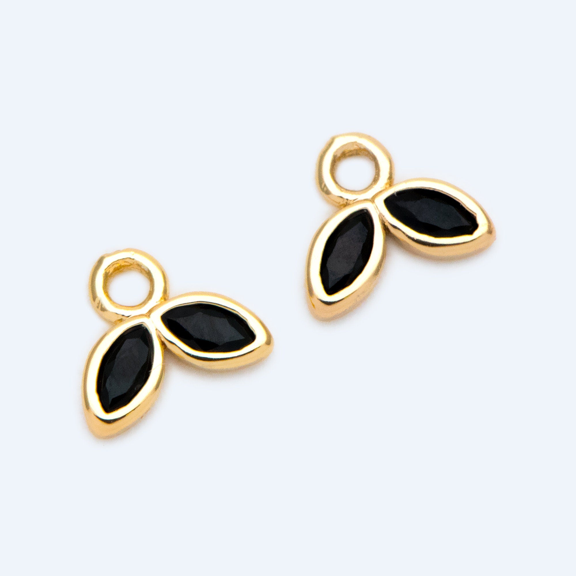 10pcs Emerald/ Black CZ Pave Gold Leaf Charms, 18K Gold plated Brass Pendants (#GB-1762-B)