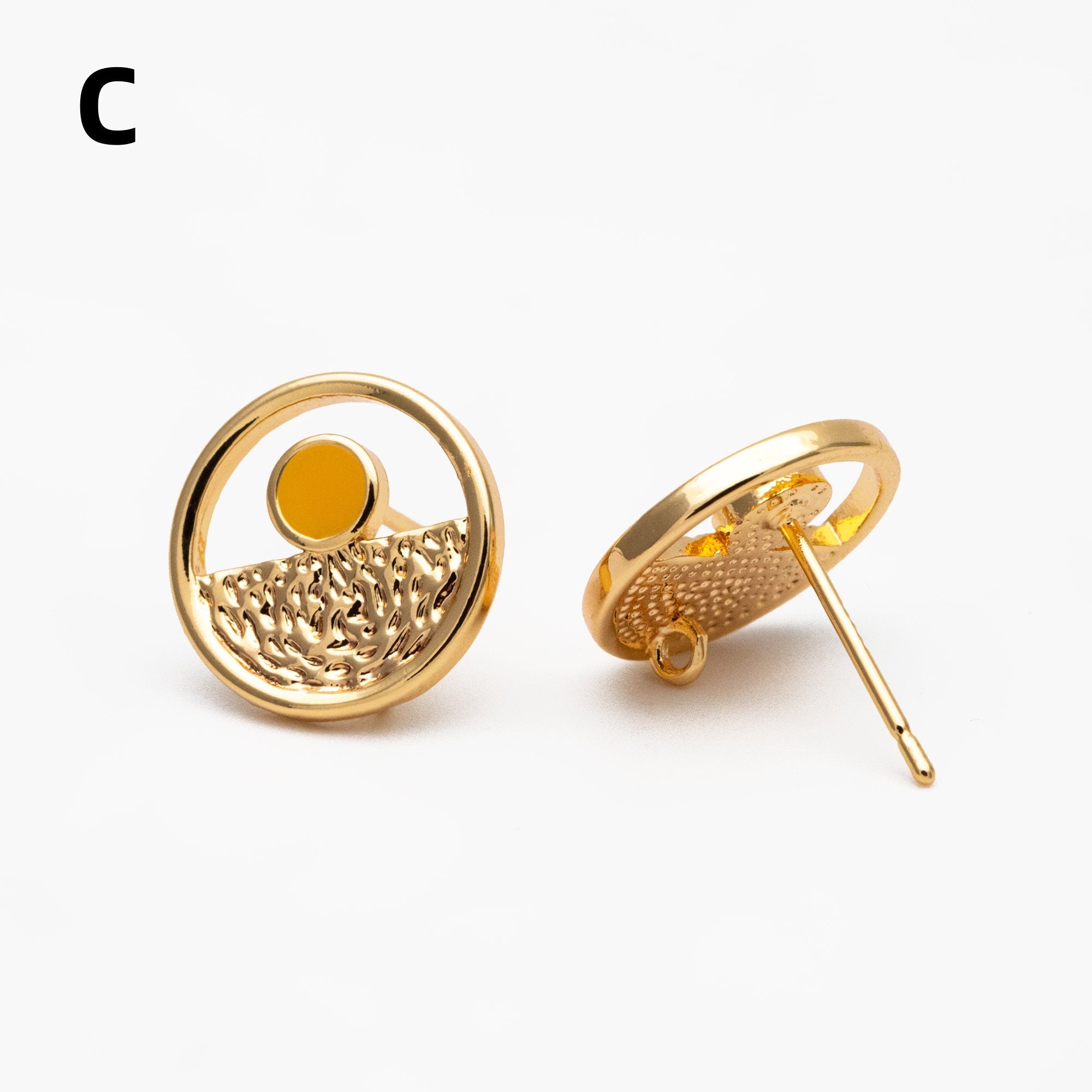 4pcs Gold Enamel Round Earrings 13mm, 18K Gold plated Brass, Geometric Stud Earrings (GB-4399)