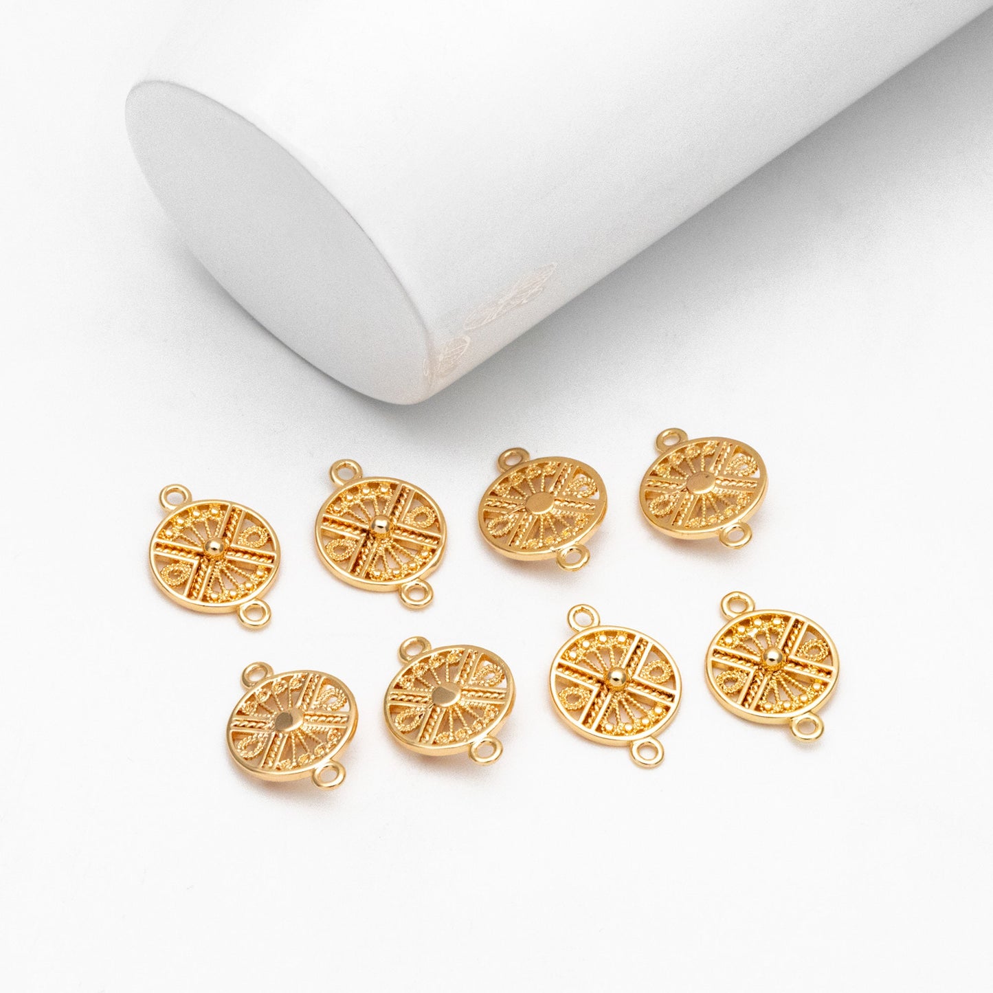 10pcs Gold Round Filigree Connectors 18x12mm, 18K Gold plated Brass, Round Charm with 2 Loops (GB-3091-B)