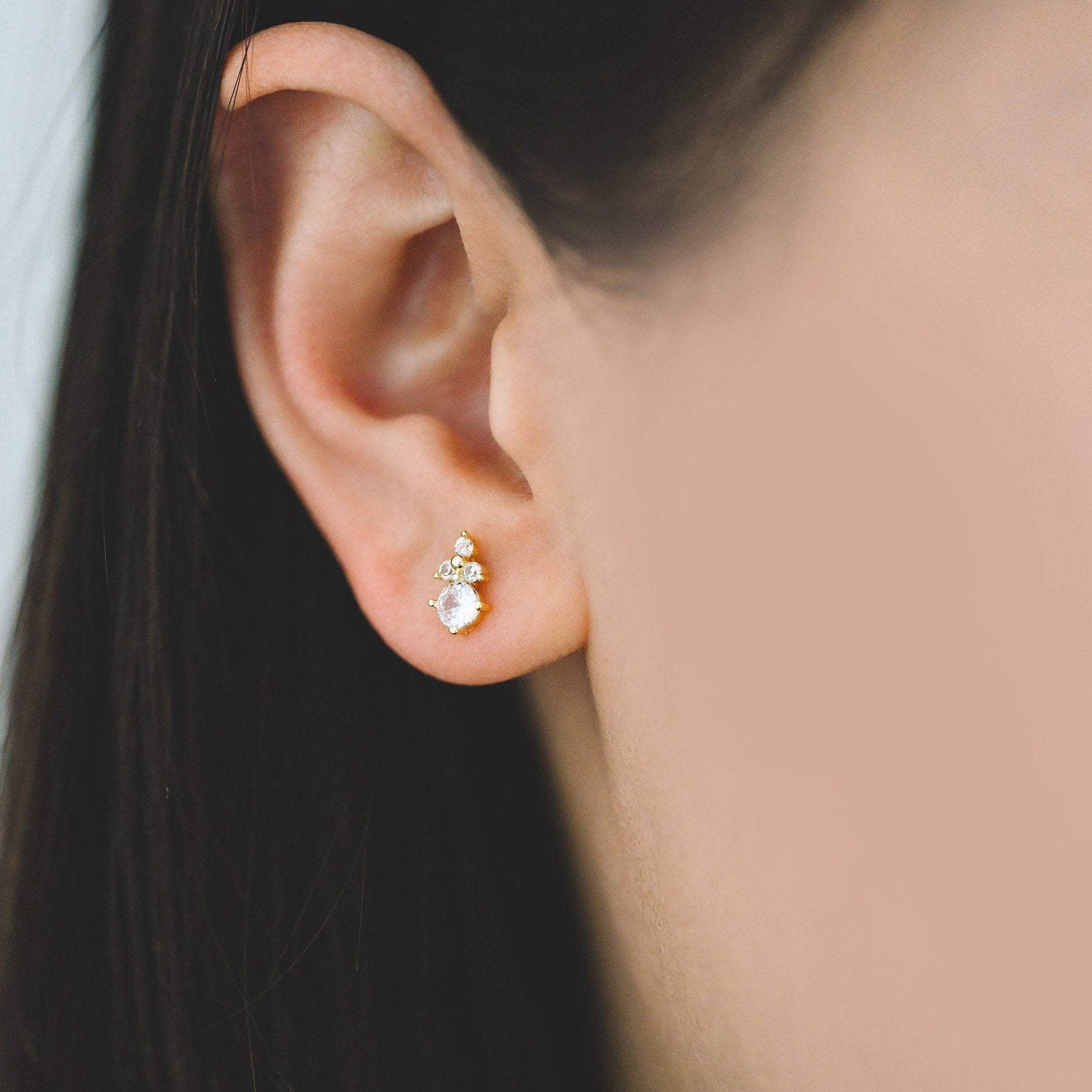 4pcs CZ Pave Round Earrings 9x5mm, Gold Plated Brass Dainty Stud Earrings (GB-4011)