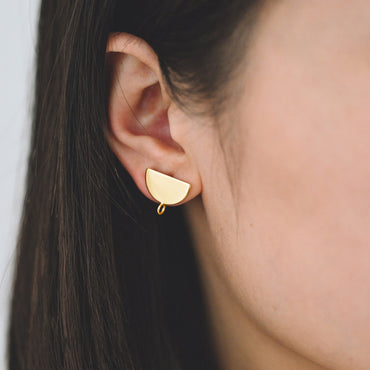 10pcs Gold/ Silver Geometric Ear Posts 16mm, Gold/ Rhodium plated Brass, Semi-circle Half Moon Fan Shaped Stud Earrings (GB-576)