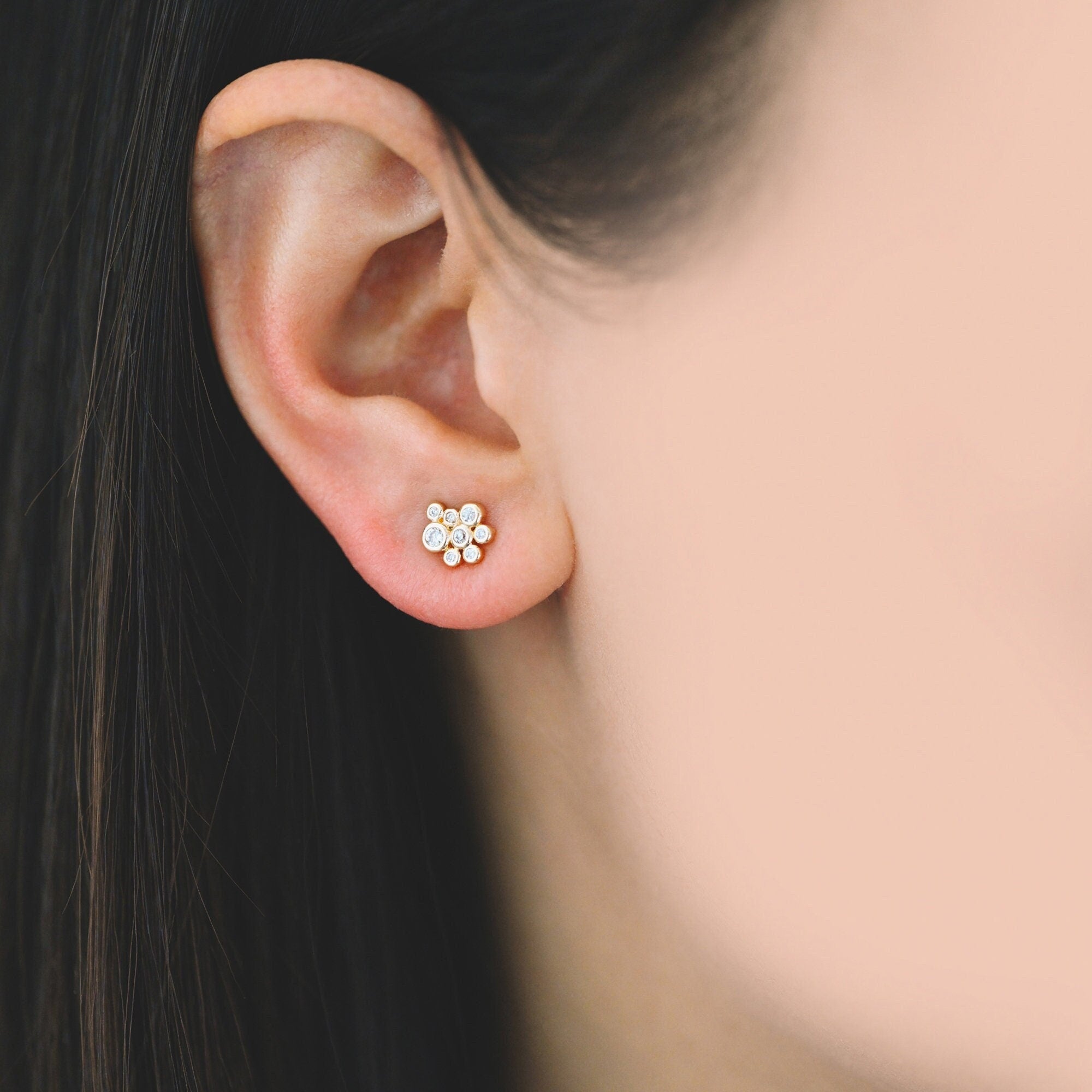 4pcs CZ Pave Gold Bubble Cluster Earrings 7x8mm, Gold Plated Brass Dainty Stud Earrings (GB-3671-F)
