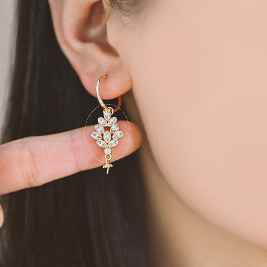 4pcs CZ Pave Gold Floral Charms, 13x24mm, DIY Pearl Peg Mounts, Half Drilled Pearl Settings (GB-1489)