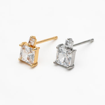 10pcs CZ Pave Gold/ Silver Square Round Earrings, 18K Gold/ Rhodium plated Brass, Geometric Stud Earrings (#GB-4350)