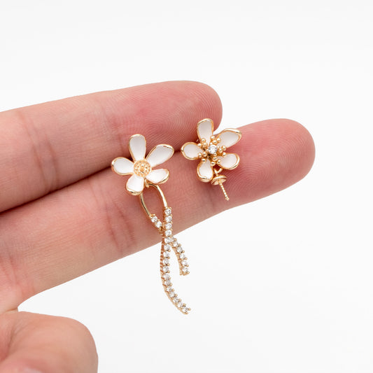 4pcs CZ Pave Gold Enamel Flower Asymmetry Earrings, Pearl Peg Earring Mounts, Half Drilled Pearl Earring Settings (GB-4356)