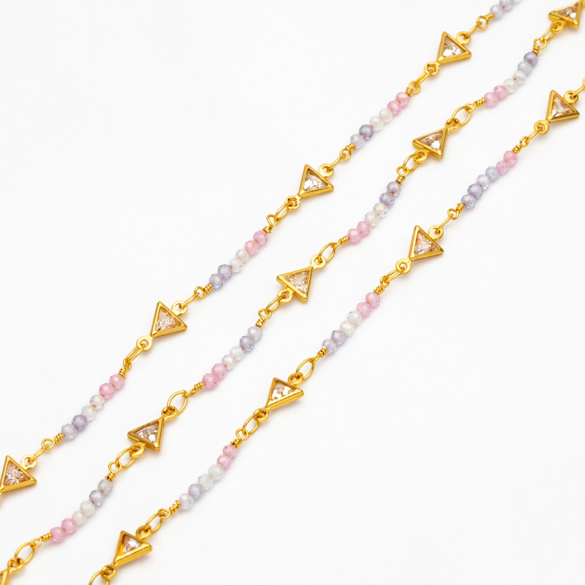 18K Gold plated Beaded Chain, CZ pave Triangle Chain (#LK-610)/ 1 Meter=3.3 ft