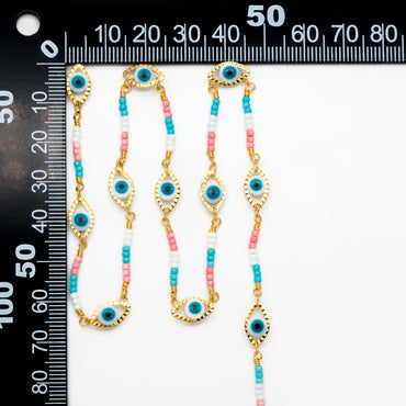 Gold Evil Eye Chain with Seed Beads, 18K Gold plated Brass, Designer Chain Wholesale (#LK-611)/ 1 Meter=3.3 ft