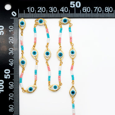 Gold Evil Eye Chain with Seed Beads, 18K Gold plated Brass, Designer Chain Wholesale (#LK-611)/ 1 Meter=3.3 ft
