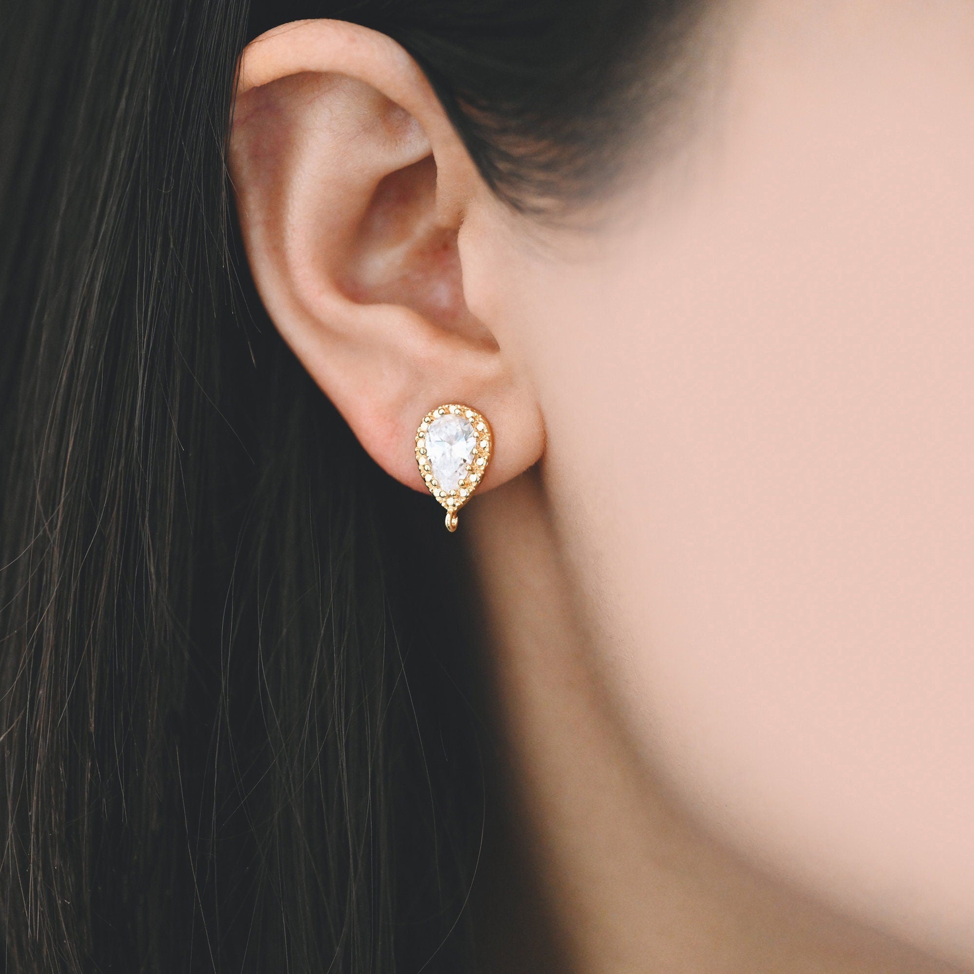 10pcs Gold/ Silver tone Teardrop Stud Earrings with Loop, CZ Pave Ear Posts 15x9mm, Gold/ Rhodium plated Brass Earring Findings (#GB-962)