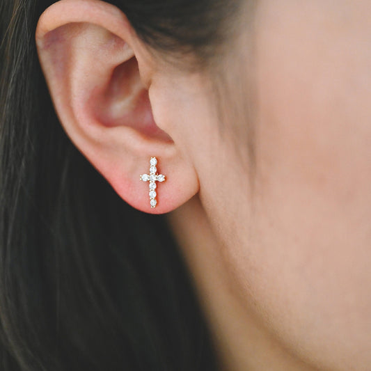 4pcs CZ Pave Gold Cross Ear Post 12x6mm, Gold Plated Brass Small Cross Stud Earring (#GB-3637-E)
