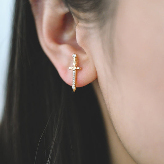 4pcs CZ Pave Gold Sword Earrings 19x7mm, Gold Plated Brass Dagger Stud Earring (#GB-4090)