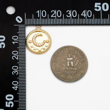4pcs CZ Pave Gold Round Moon Star Charms, 18K Gold plated Brass, Disk Pendants (GB-2394-A)