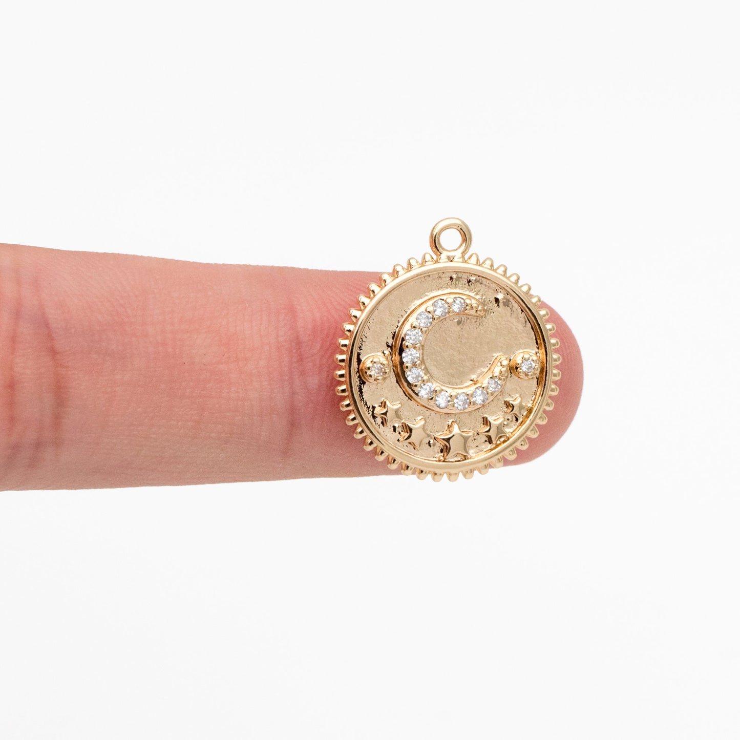 4pcs CZ Pave Gold Round Moon Star Charms, 18K Gold plated Brass, Disk Pendants (GB-2394-A)