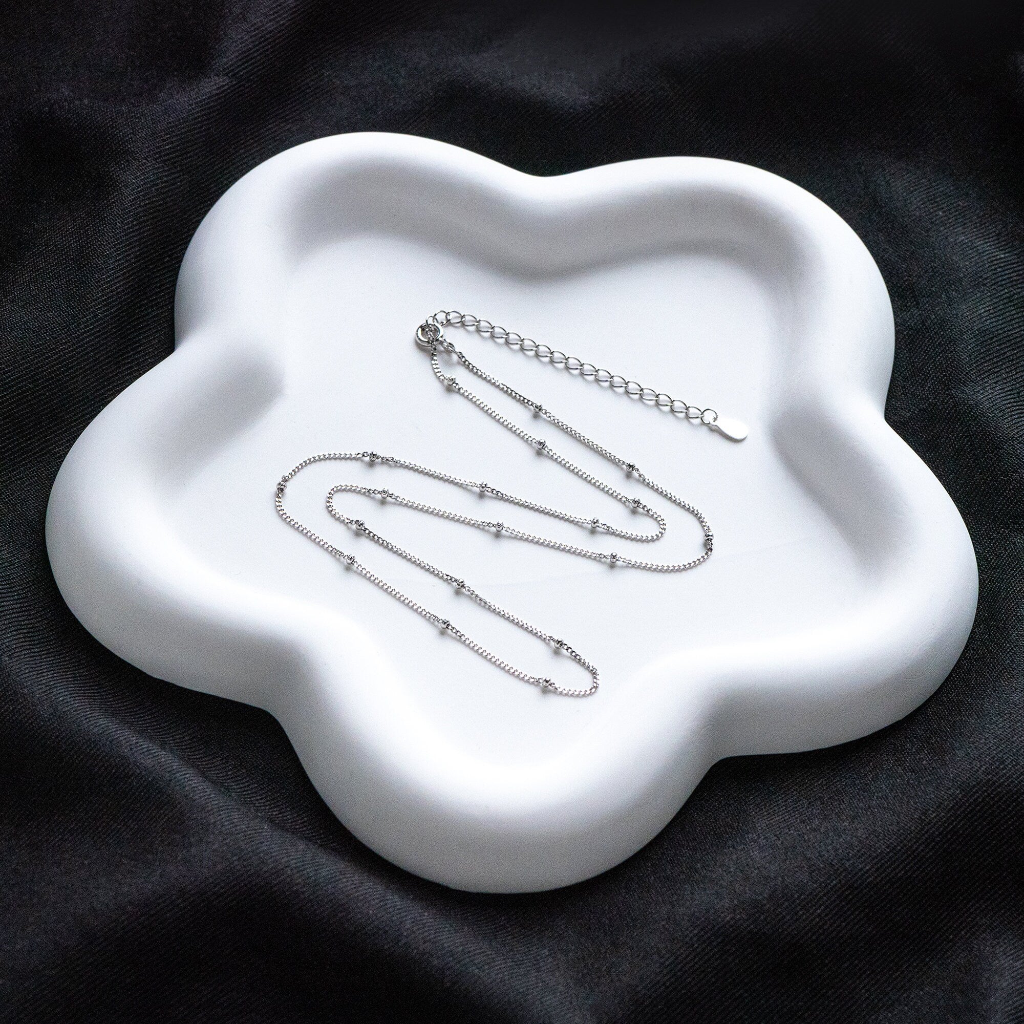 Sterling Silver .925 Beaded Necklaces, Rhodium plated Chains, 1mm Curb Chain with 1.8mm Round Beads, 16-18 Inch Ready to Wear (CY-050)