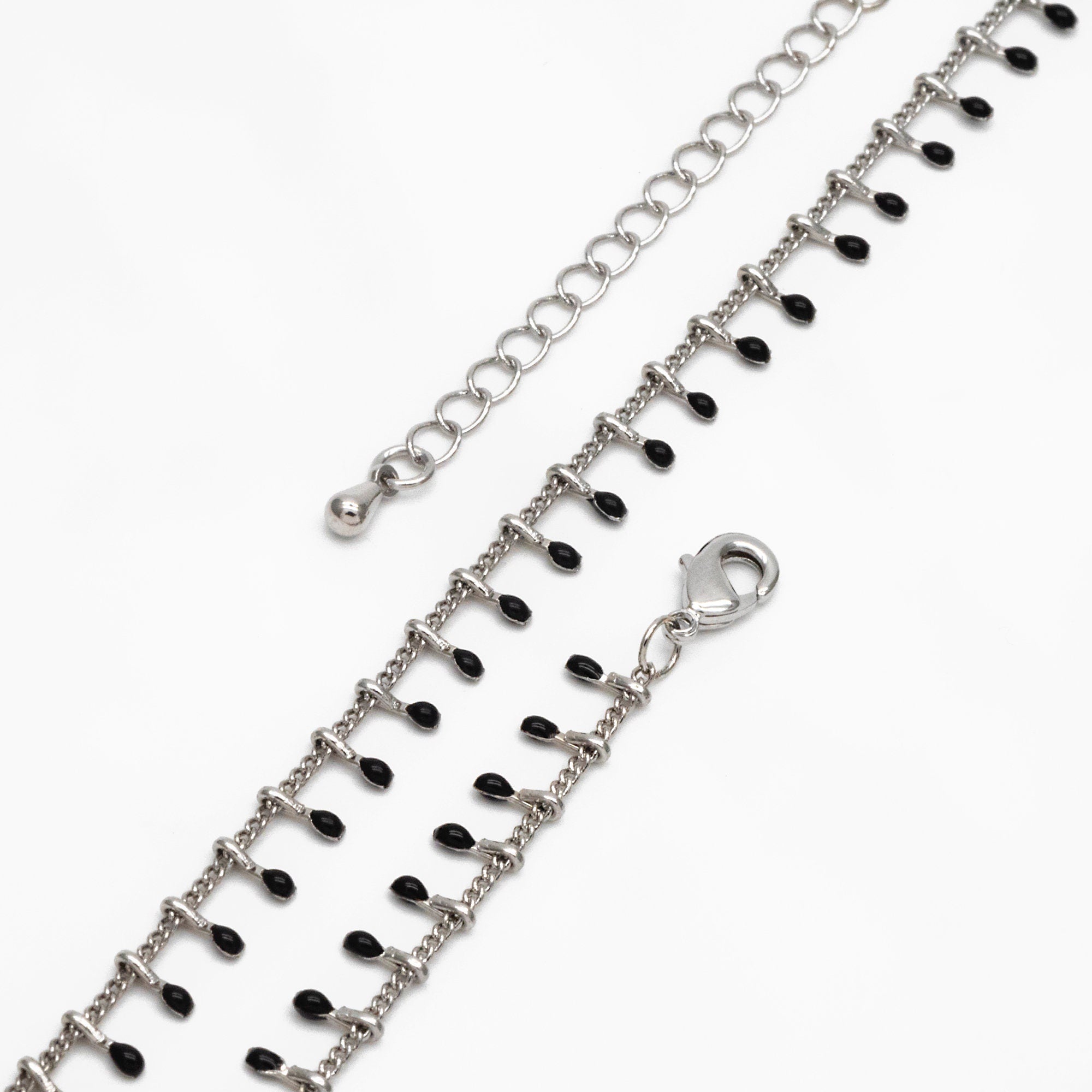 Rhodium plated Brass Enamel Chain, Adjustable Bracelet/ Anklet/ Necklace, White/ Black (#LK-202)