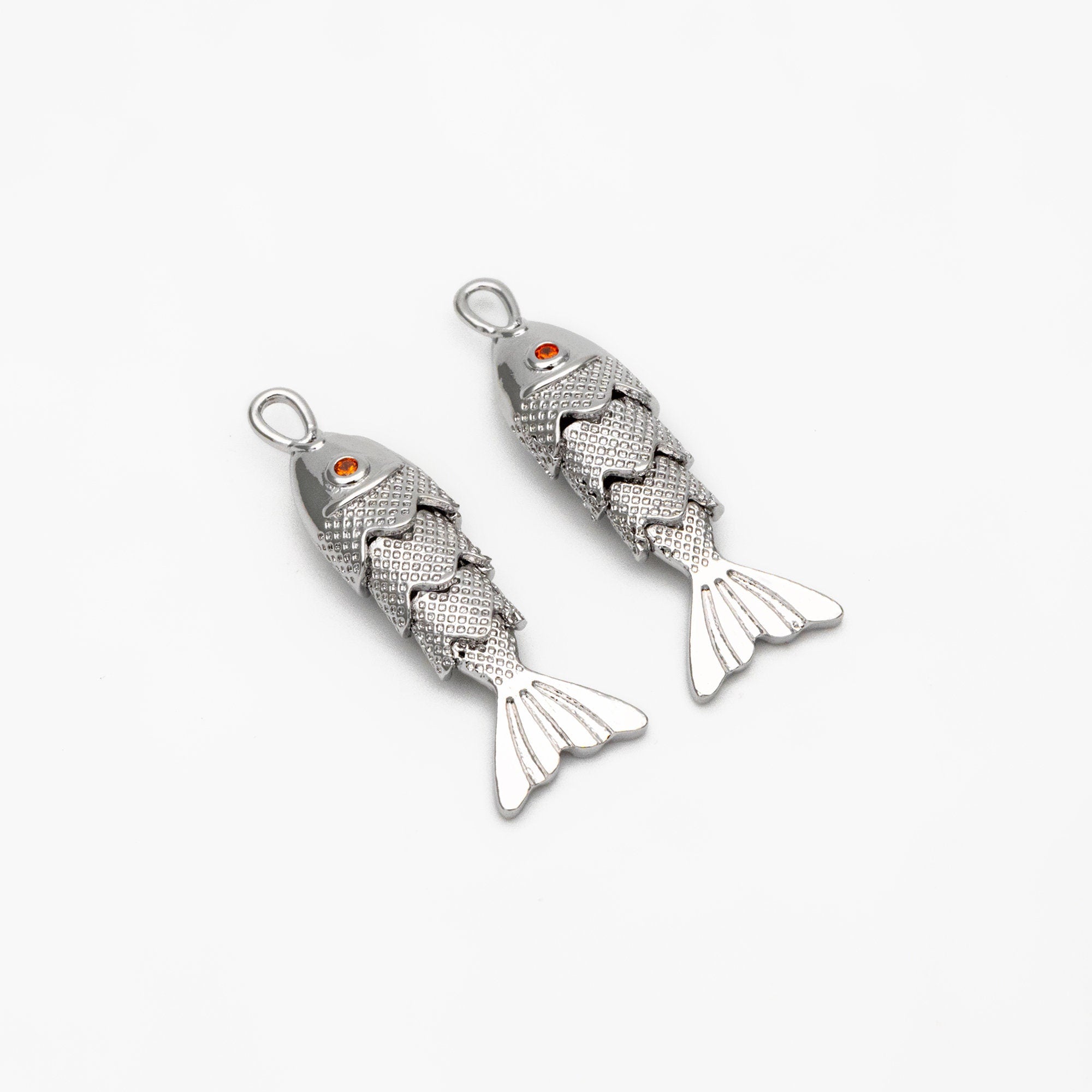 4pcs Gold/ Silver 3D Fish Charms, Gold/ Rhodium Plated Brass, Fish Pendants (GB-4274)