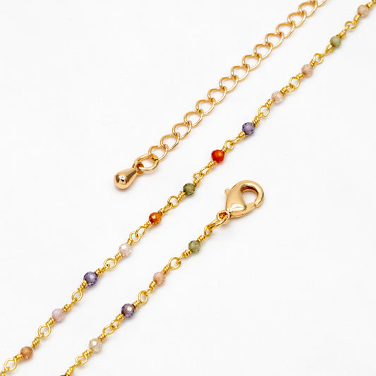 Gemstone CZ Beaded Rosary Chain, Cubic Zirconia Chains, Finished Bracelet/ Anklet/ Necklace with Extender Chain, Ready to Wear (#LK-608)