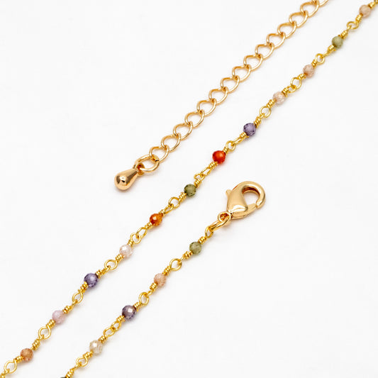 Gemstone CZ Beaded Rosary Chain, Cubic Zirconia Chains, Finished Bracelet/ Anklet/ Necklace with Extender Chain, Ready to Wear (#LK-608)