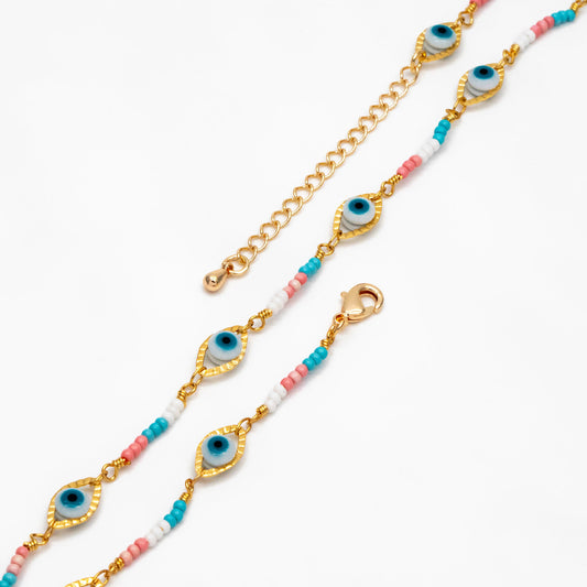 Gold Evil Eye Chain with Seed Beads, Finished Bracelet/ Anklet/ Necklace with Adjustable Extender Chain, Ready to Wear (#LK-611)