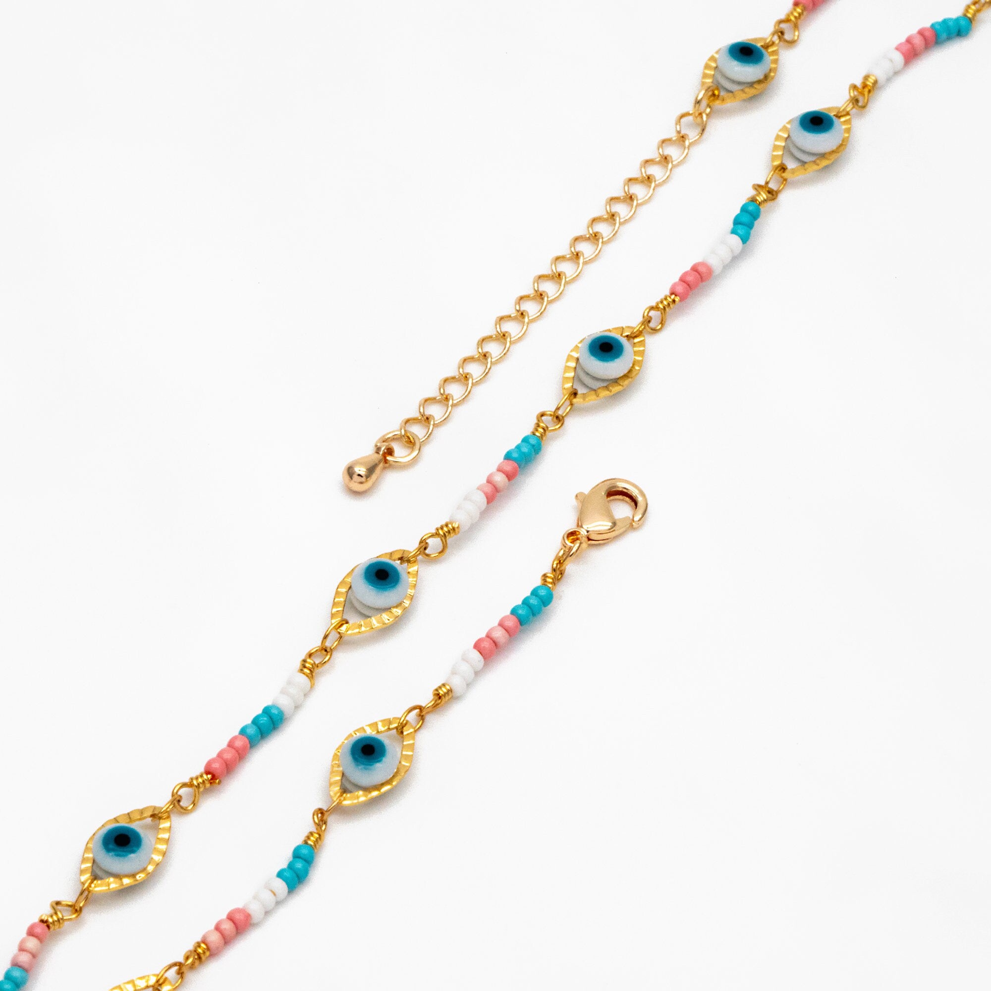 Gold Evil Eye Chain with Seed Beads, Finished Bracelet/ Anklet/ Necklace with Adjustable Extender Chain, Ready to Wear (#LK-611)