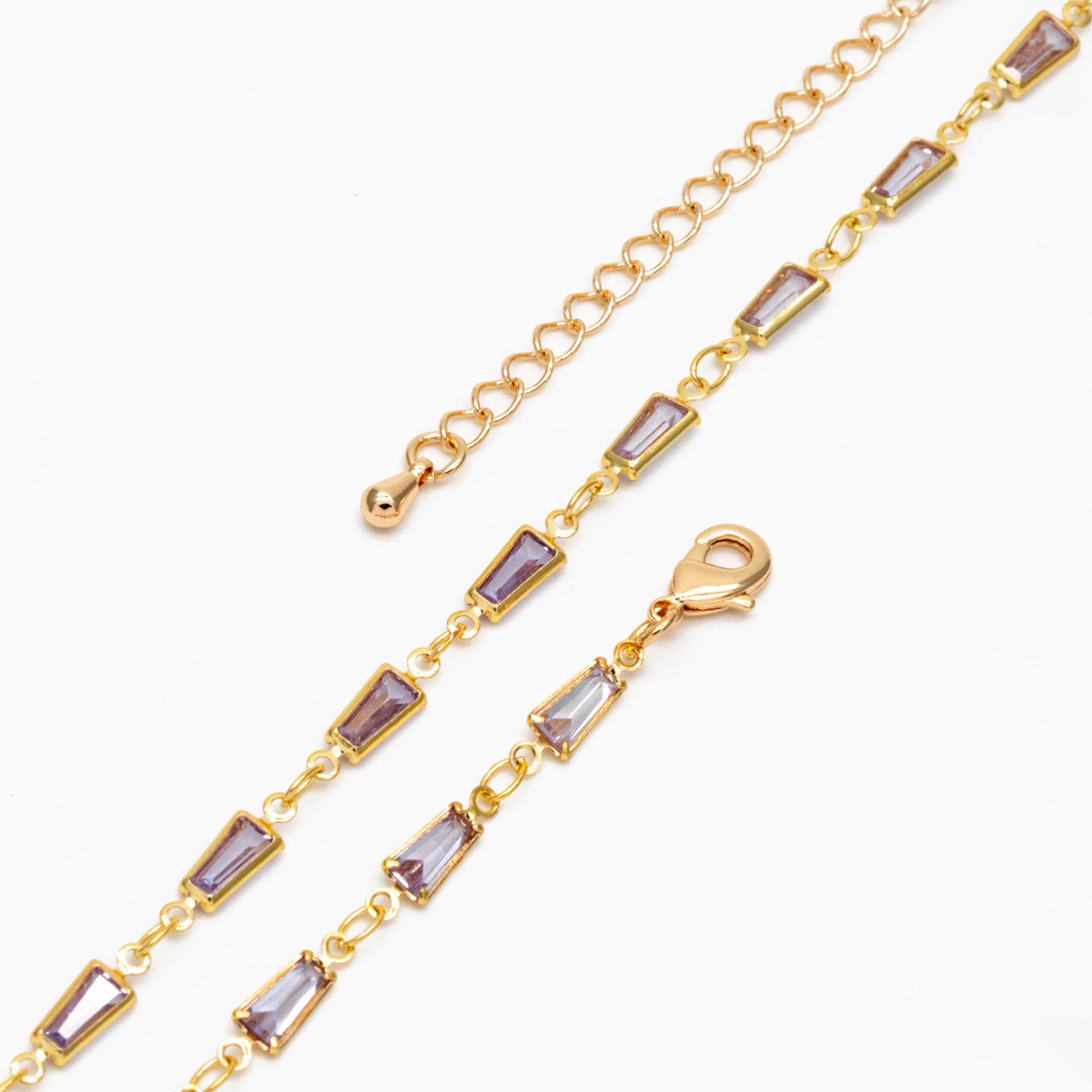 Gold Lavender Trapezium Cubic Zirconia Chain, Finished Bracelet/ Anklet/ Necklace with Extender Chain, Ready to Wear (#LK-614)