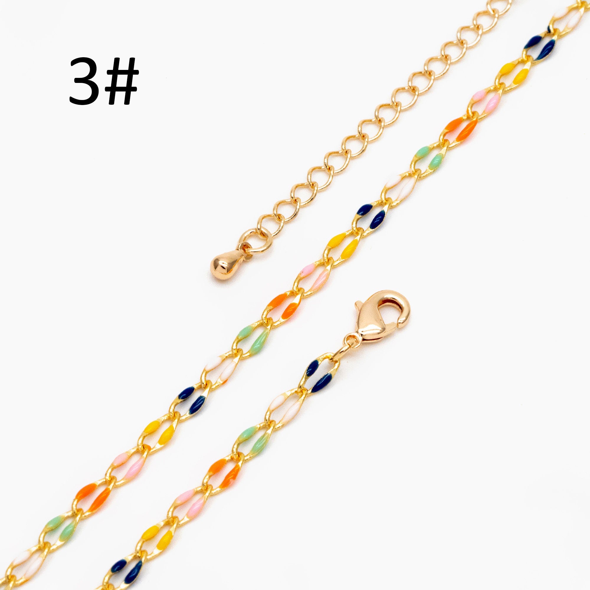 Mix Color Enamel Curb Chains 3mm, Finished Enamel Bracelet/ Anklet/ Necklace with Extender Chain, Ready to Wear (#LK-606)