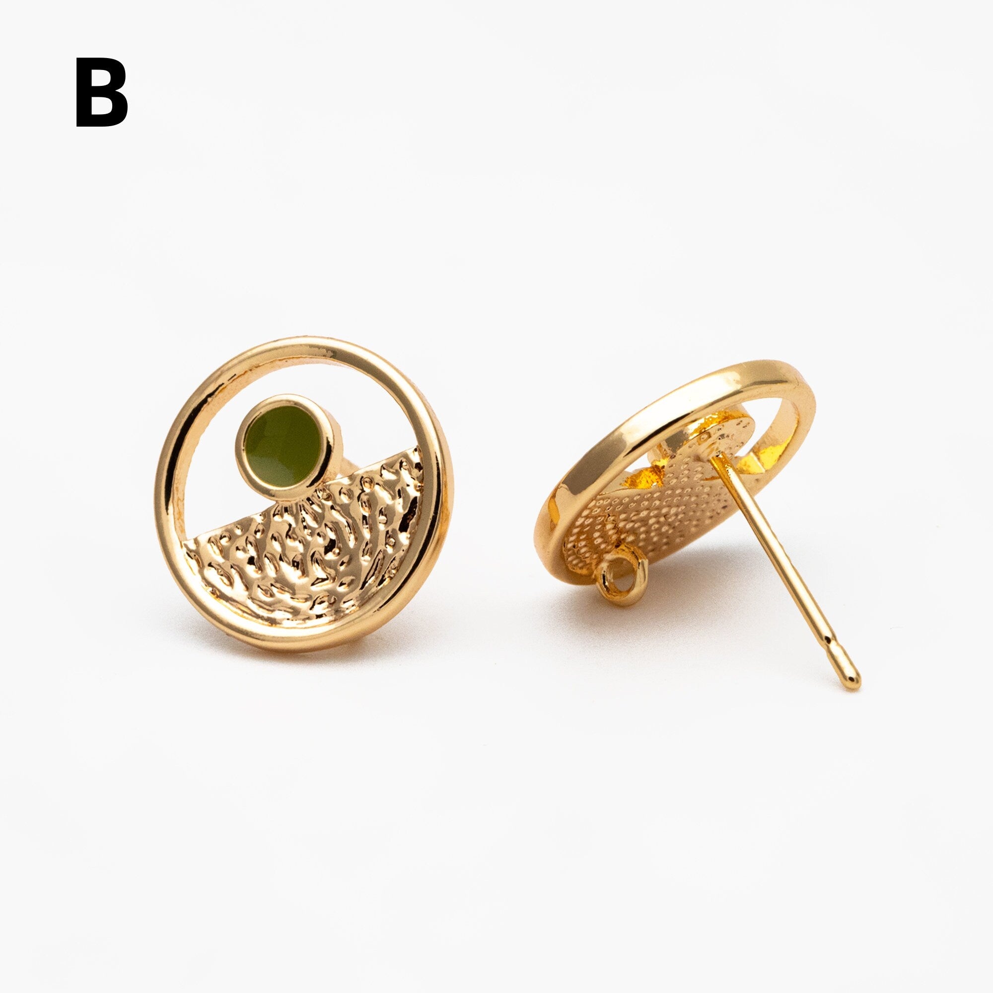 4pcs Gold Enamel Round Earrings 13mm, 18K Gold plated Brass, Geometric Stud Earrings (GB-4399)