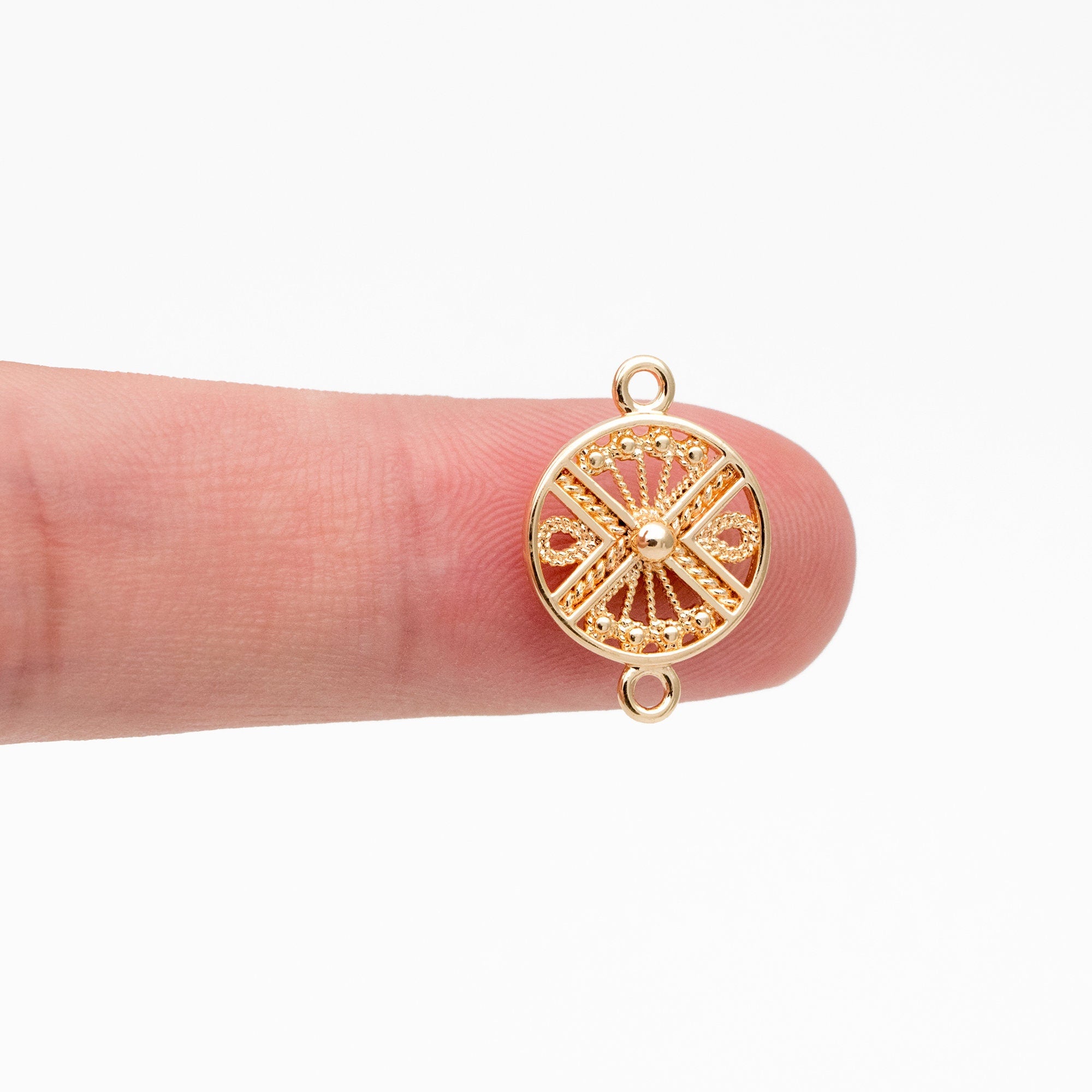 10pcs Gold Round Filigree Connectors 18x12mm, 18K Gold plated Brass, Round Charm with 2 Loops (GB-3091-B)