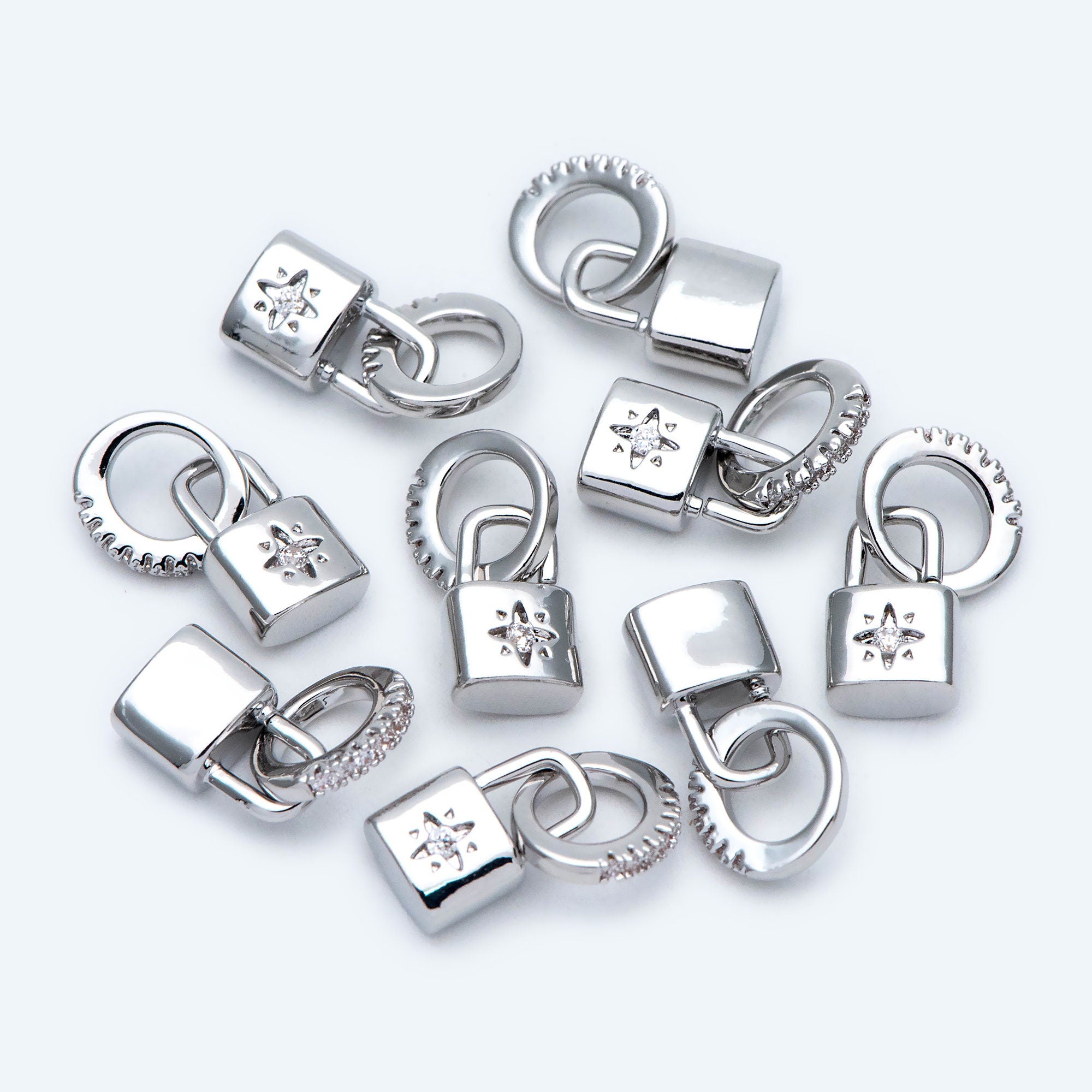 4pcs CZ Pave Gold/ Silver Tone Lock Charm, Padlock charm 17x9mm, Real Gold/ Rhodium plated Brass (GB-751-D)
