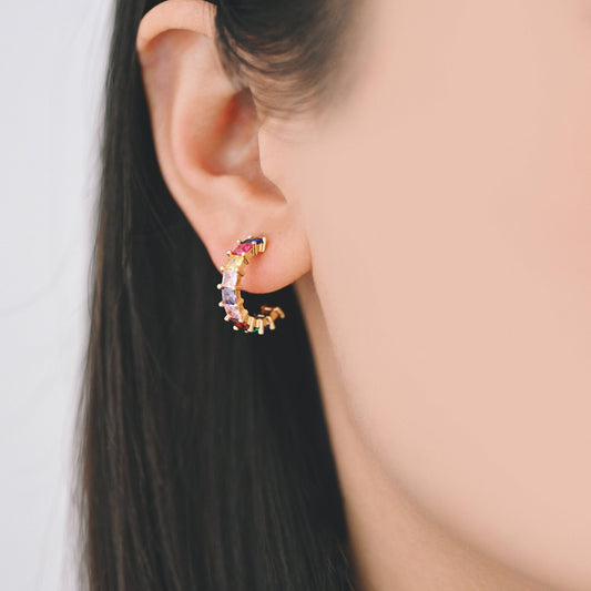 4pcs Gold Colourful CZ Pave Earring Hooks 18mm, 18K Gold plated Brass Earwires (GB-1384)