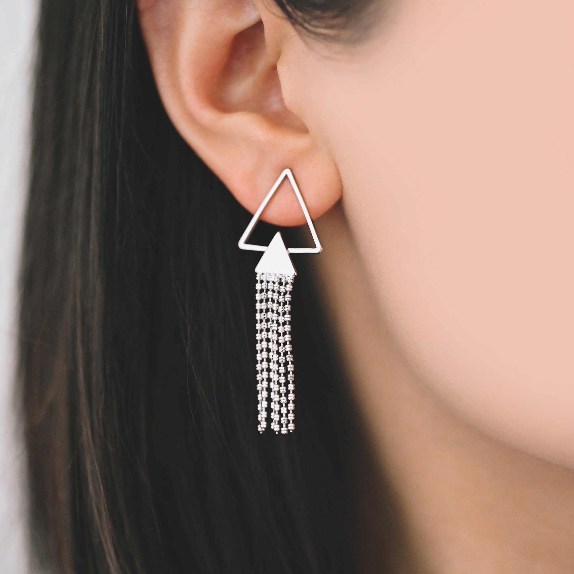 4pcs Gold/ Silver tone Triangle Tassel Earrings 50x18mm, 18K Gold/ Rhodium plated Brass Dangling Stud Earring (GB-4314)