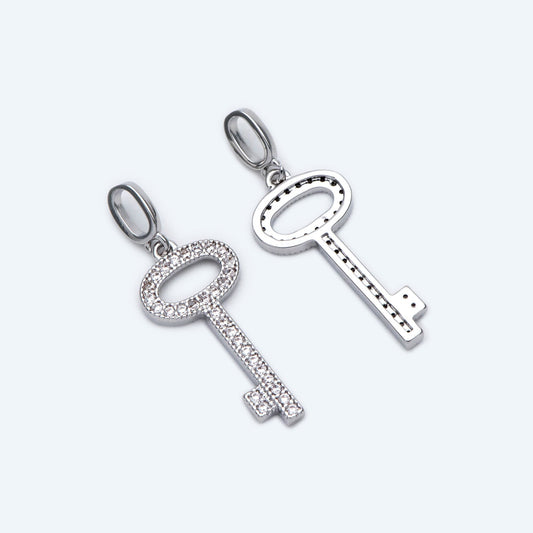 4pcs CZ Pave Gold/ Silver Tone Key Charms 21x10mm, 18K Gold/ Rhodium plated Brass Key Pendants (GB-1774)