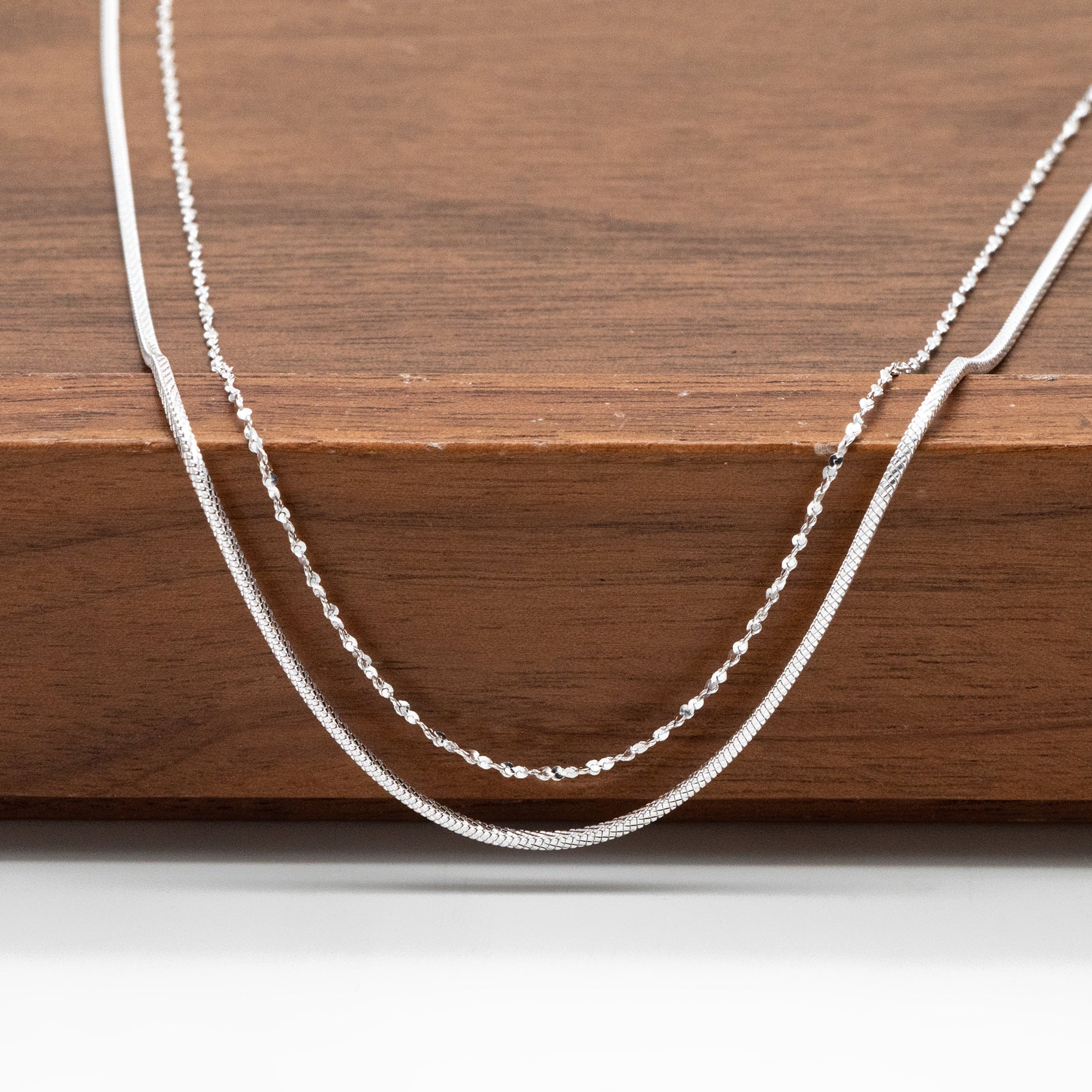 Sterling Silver Double Layer Necklace, Dainty Snake Chain, Layering Necklaces, Ready to Wear (CY-044)