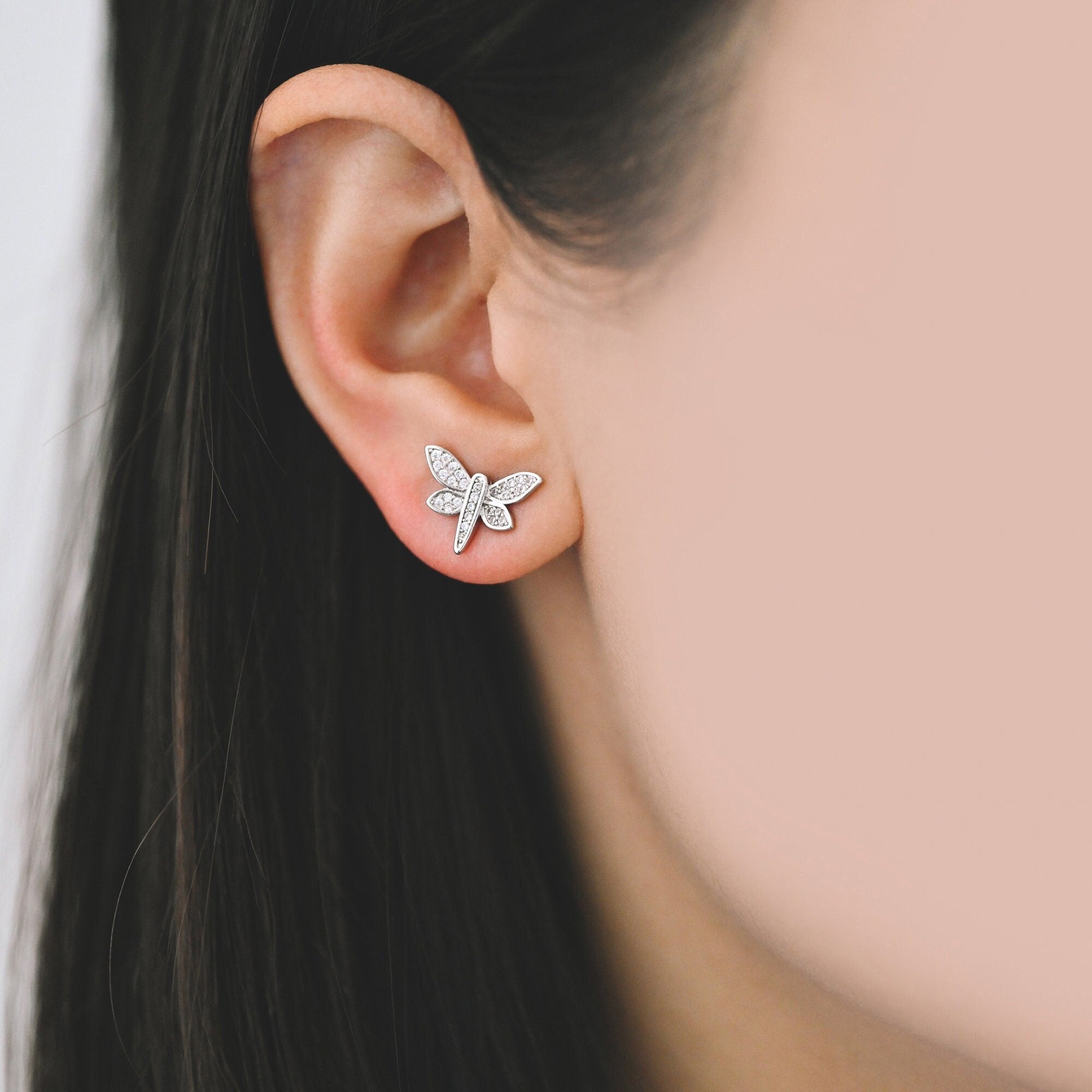 4pcs CZ Pave Gold/ Silver Dragonfly Earrings, Dianty Dragonfly Ear Studs, Jewelry Supplies (GB-4320)