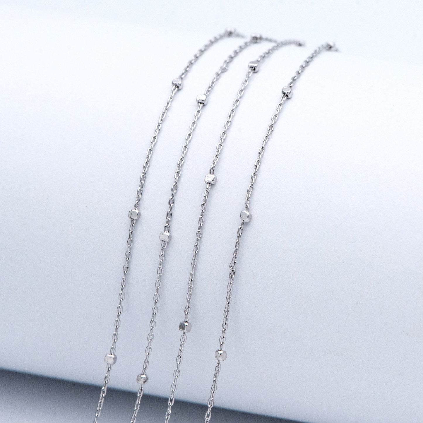 Gold/ Silver Tone Cube Beaded Chains, 0.8mm Cable Chain with 1.3mm Cube Beads, Thin Craft Jewelry Chain (#LK-196)/ 1 Meter=3.3 ft