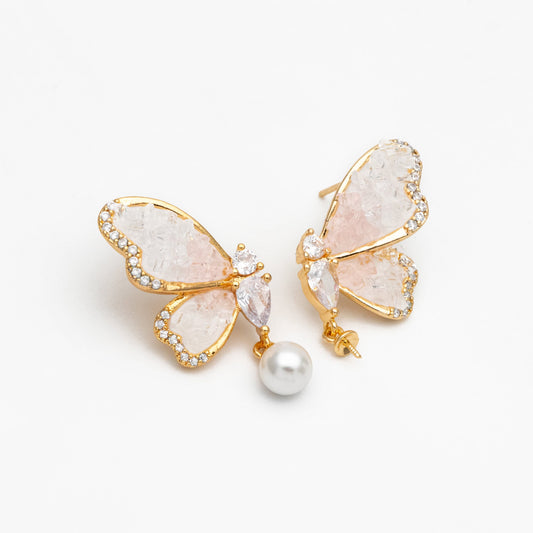 4pcs CZ Pave Gold Crystal Butterfly Earrings With Pearl Peg Earring Mounts, Half Drilled Pearl Earring Settings (GB-4394)