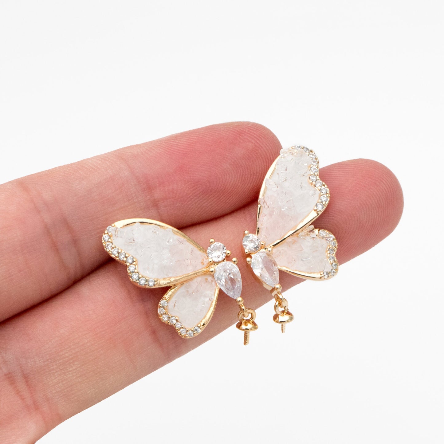4pcs CZ Pave Gold Crystal Butterfly Earrings With Pearl Peg Earring Mounts, Half Drilled Pearl Earring Settings (GB-4394)