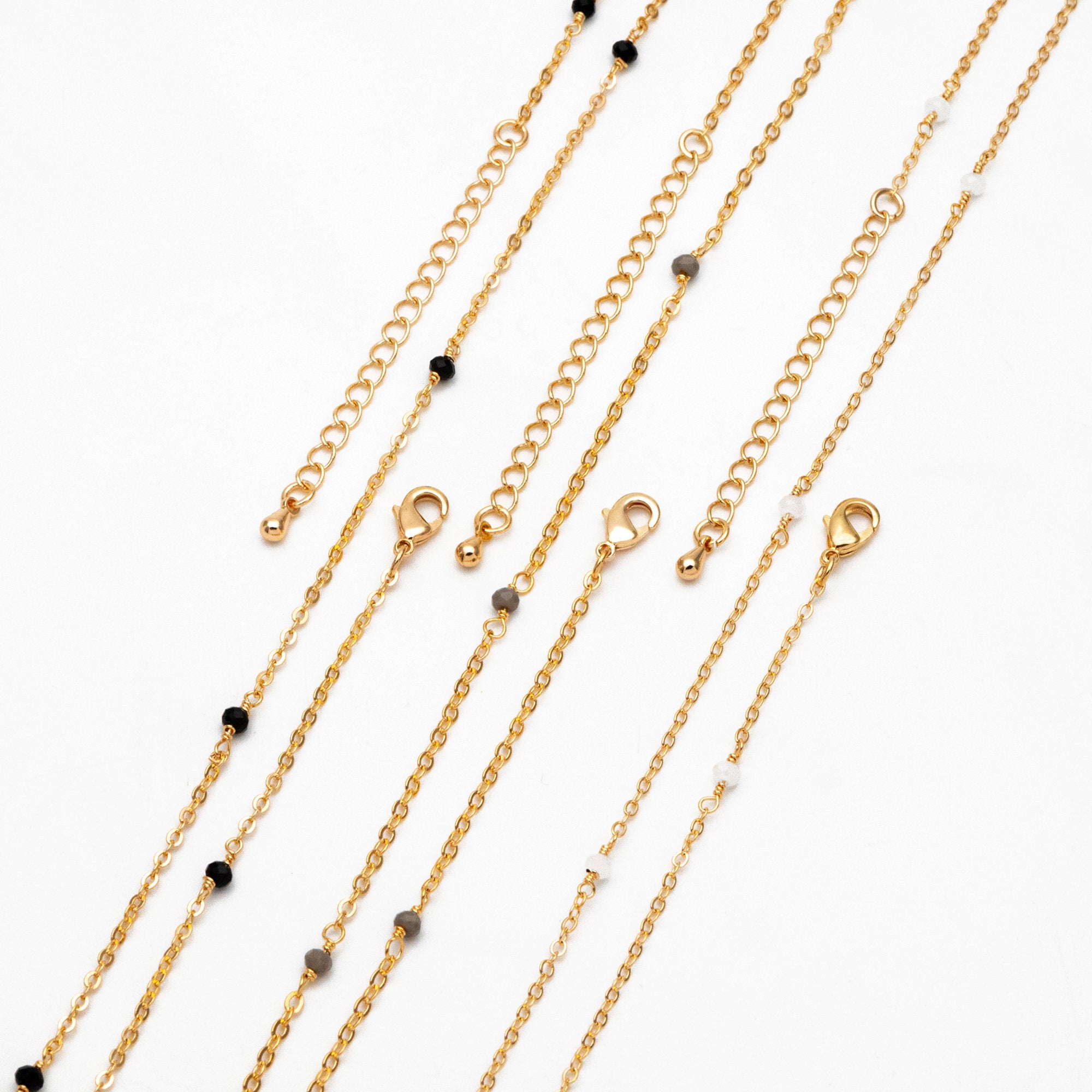 Black/ Grey/ White Crystal Bead Chains, Finished Bracelet/ Anklet/ Necklace with Extender Chain, Gold plated Brass, Ready to Wear (#LK-145)