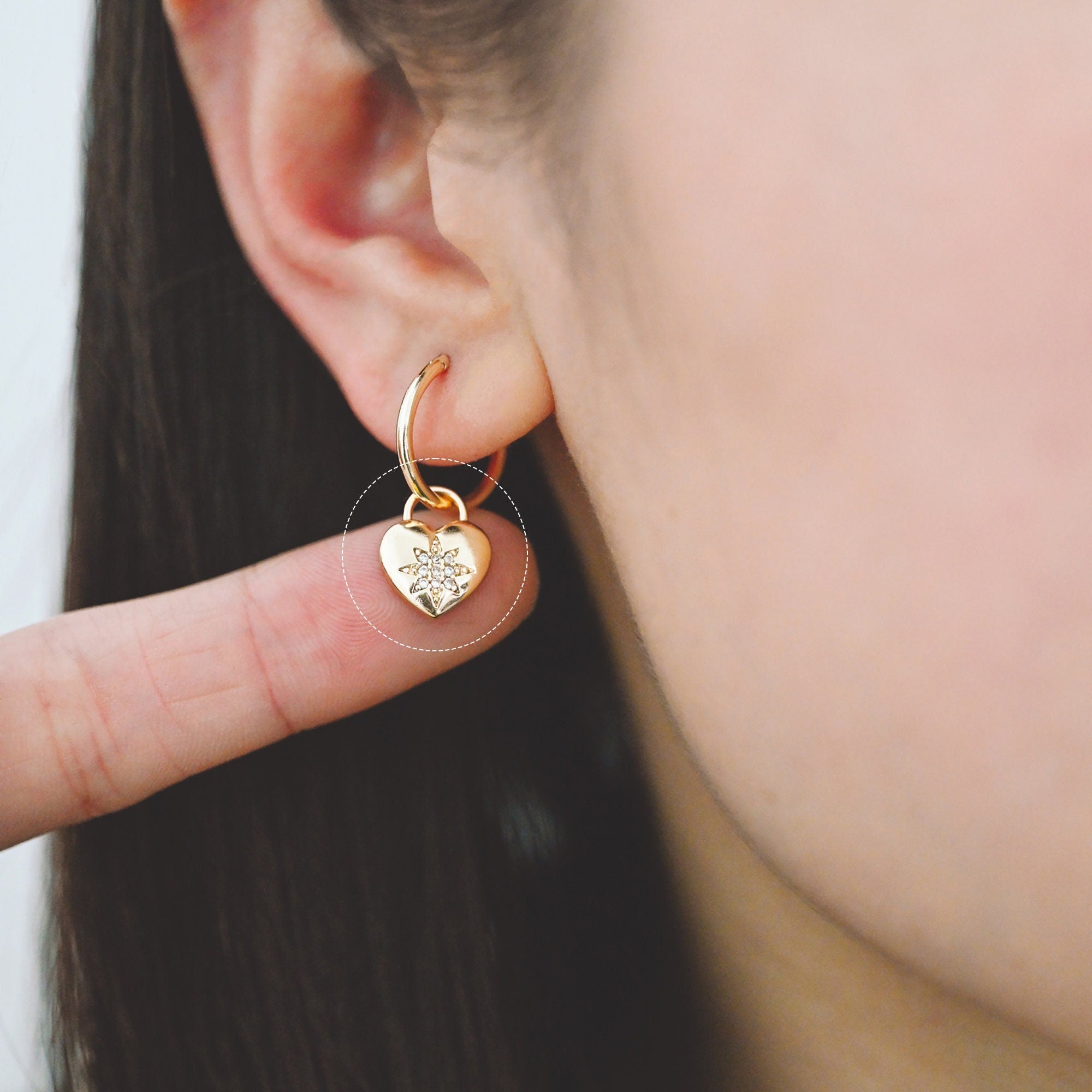 4pcs CZ pave Gold Heart Charm, North Star Pattern, 18K Gold plated Brass Heart Pendant (GB-1048-F)