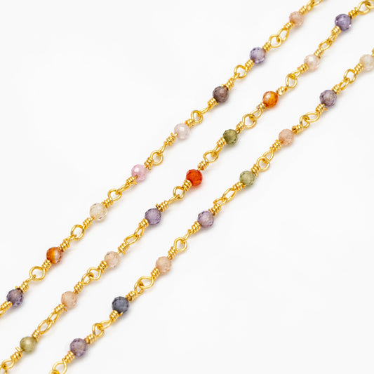 Gemstone CZ Beaded Rosary Chain, Cubic Zirconia Chains, 18K Gold plated on Brass, Mix Color Chain (#LK-608)/ 1 Meter=3.3ft