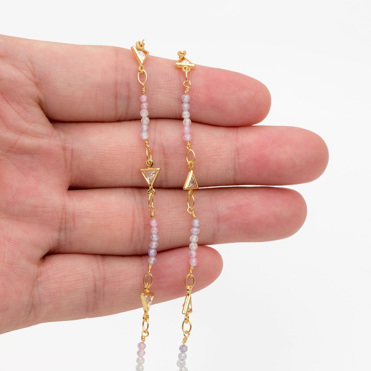 18K Gold plated Beaded Chain, CZ pave Triangle Chain (#LK-610)/ 1 Meter=3.3 ft