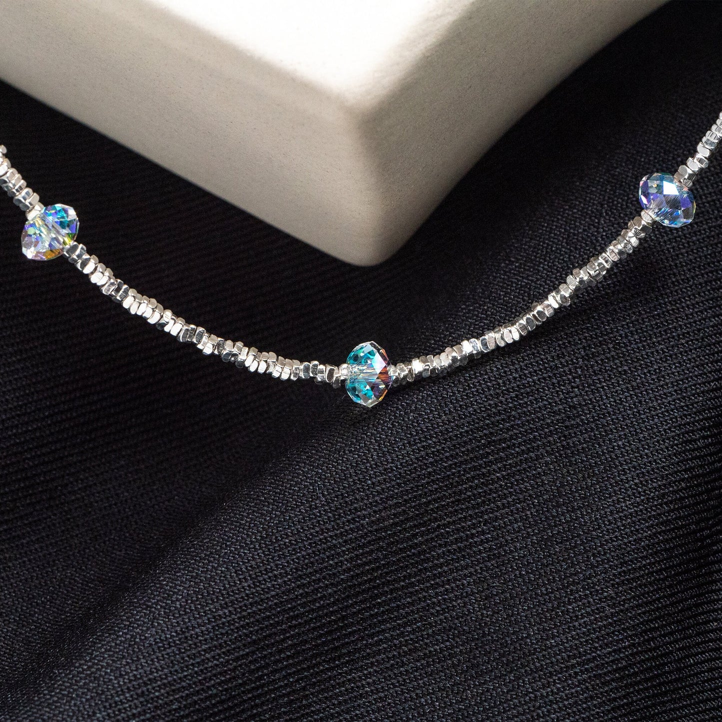 Sterling Silver Square Beaded Necklaces, 1.6mm Silver Bead Chain with 6mm Rondelle Crystal, Ready to Wear (CY-054)